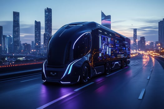 A futuristic truck driving on the road at night photo