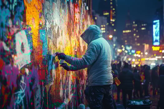 A man painting graffiti on a wall at night photo