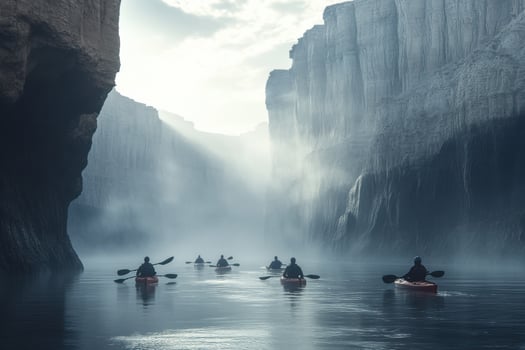 A group of people in kayaks on a river photo