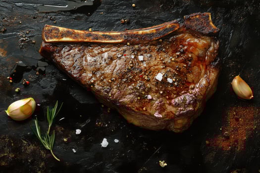 A steak with seasoning and garlic on a black background photo