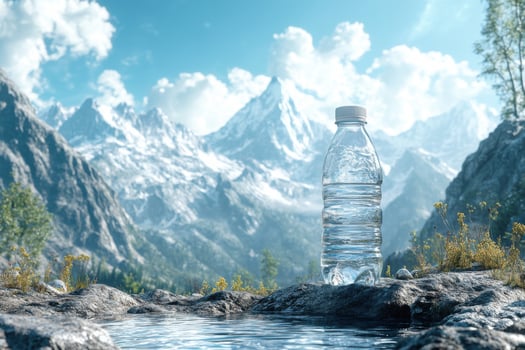A bottle of water sits on the rocks in front of a mountain photo