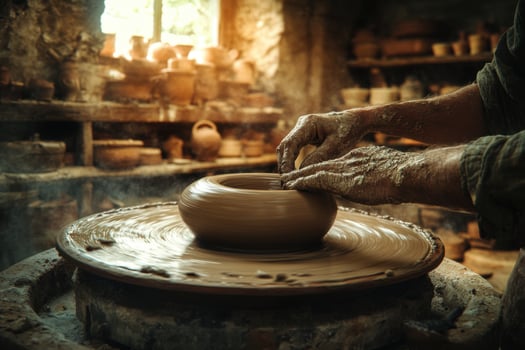 A potter is making a pot on a potter's wheel photo