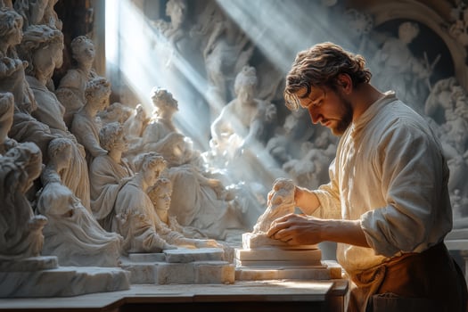 A man is working on a sculpture in a room with many statues photo