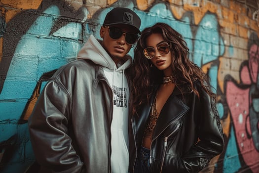 A couple in sunglasses and leather jackets standing in front of a graffiti wall photo