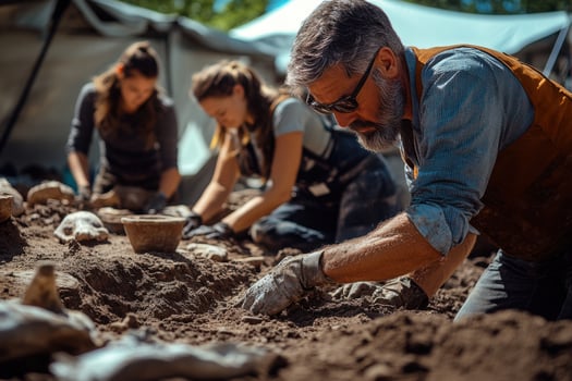 A man digging in the dirt with other people photo