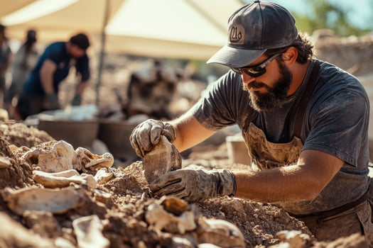 A man in a hat and sunglasses is working on a pile of bones photo