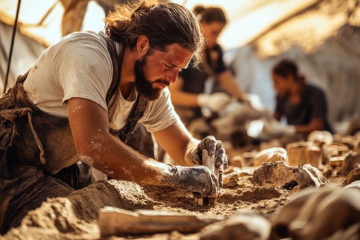 A man working on a dig site with other people photo