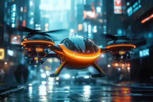 A futuristic flying drone in the city at night photo