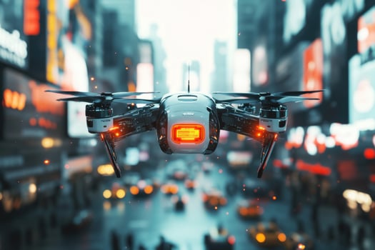A drone flying over a city street at night photo