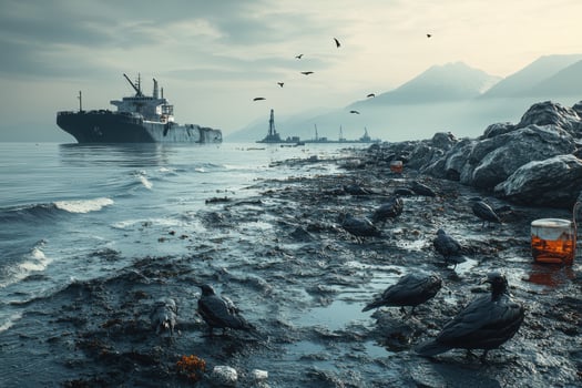 A group of birds sitting on the shore near a ship photo