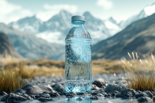 A bottle of water sits on the ground in front of a mountain range photo