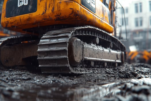 A close up of a construction machine on a muddy street photo