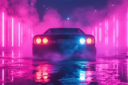 A car is driving through a neon light show photo