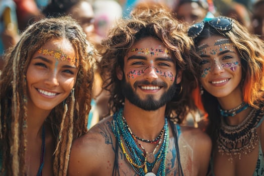 Three young people with face paint and dreads at a festival photo