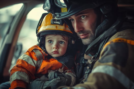 A man and a child in a fireman's helmet photo