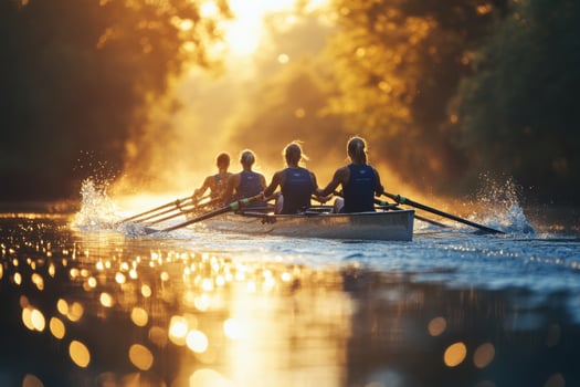 Four people rowing in a boat on a river photo