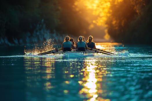 Three women rowing on a river at sunset photo
