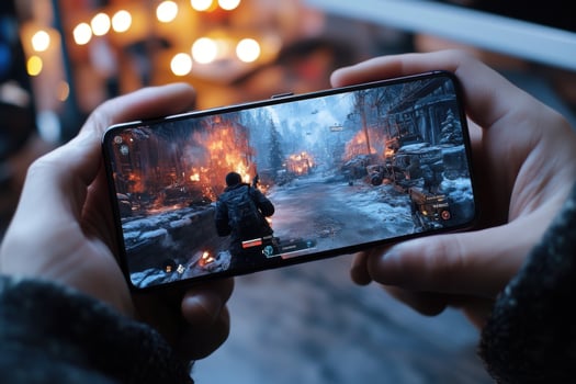 A person holding a smartphone with a game on it photo