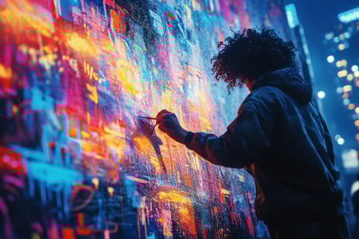 A person is painting graffiti on a wall photo