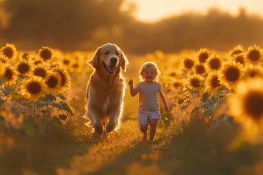 A child and a golden retriever running through a field of sunflowers photo