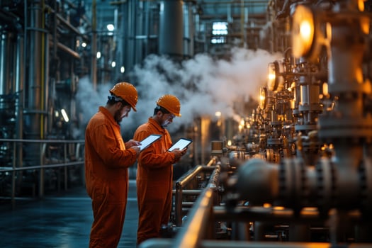 Two men in orange workwear standing in front of a large industrial pipe photo