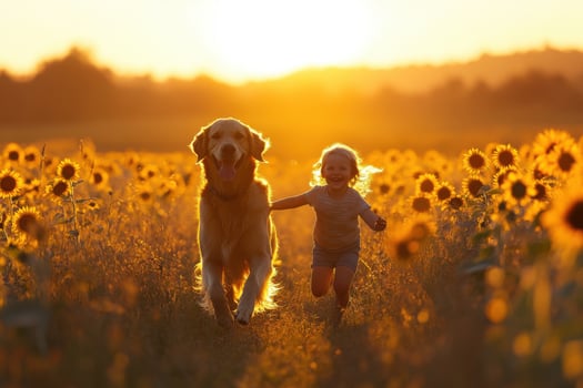 A young girl and her golden retriever running through a field of sunflowers photo