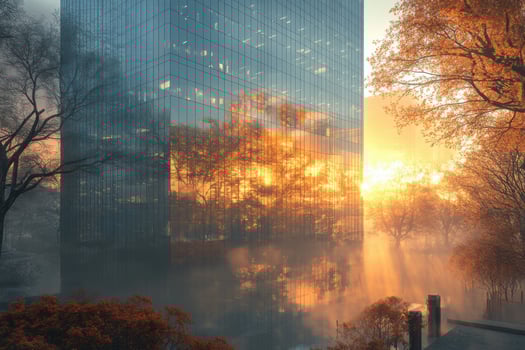 A city building is reflected in the water at sunset photo