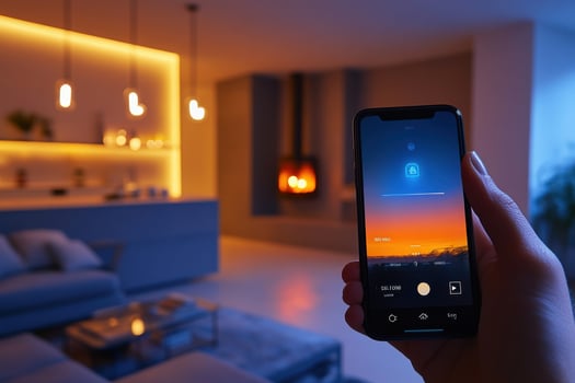 A person holding a smartphone in front of a living room photo
