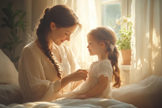 A woman and a little girl sitting on a bed photo