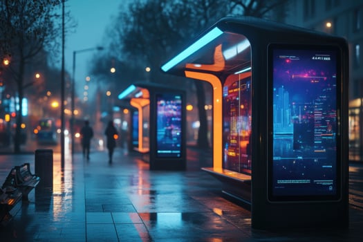 A bus stop with a neon sign on it photo