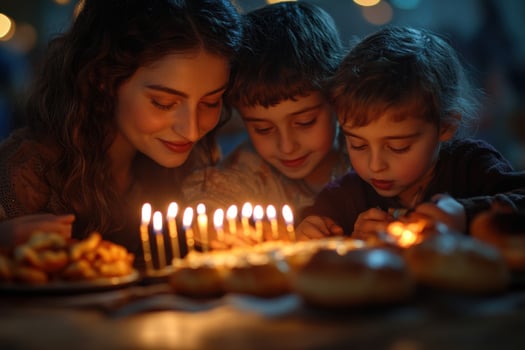 Happy family with candles on birthday cake photo