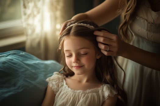 A little girl is getting her hair done by her mother photo
