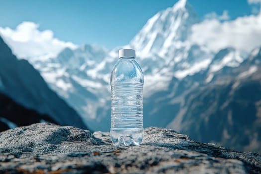 A plastic bottle of water sits on top of a mountain photo