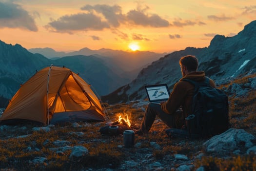 Man sitting in front of tent with laptop at sunset photo