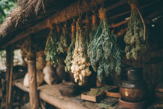 Dried herbs hanging from a hut in a village photo