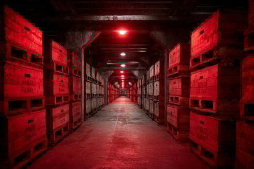 A long hallway with red lights and crates photo