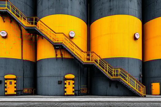 A group of yellow and gray oil tanks photo