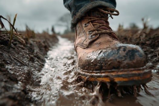 A person wearing a pair of boots in the mud photo