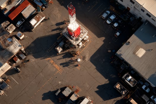 An aerial view of a gas station and a truck photo
