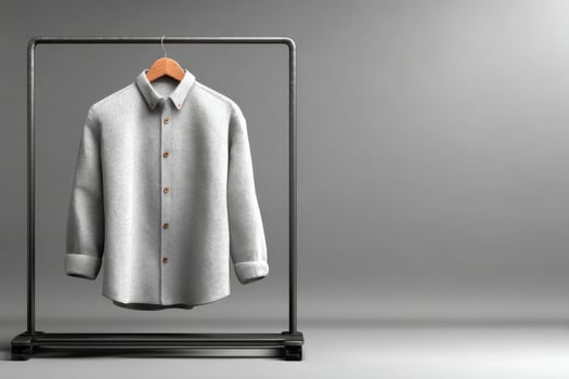 A shirt hanging on a metal rack in front of a gray wall photo