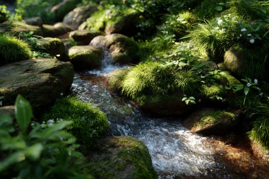 A stream running through a lush green forest photo