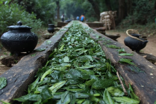 A long wooden table with green tea leaves on it photo