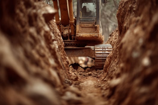 A large excavator is driving through a dirt road photo
