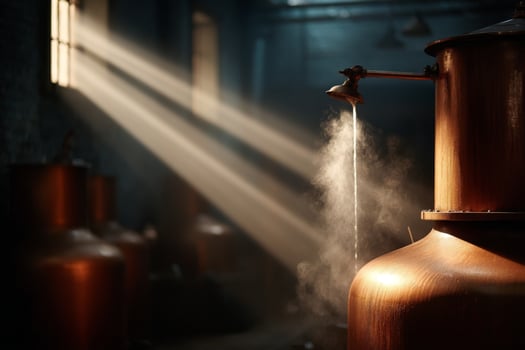 A copper still with steam coming out of it photo