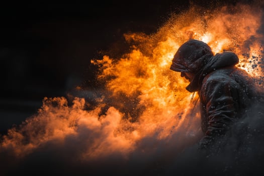 A man in a hoodie is surrounded by smoke and fire photo