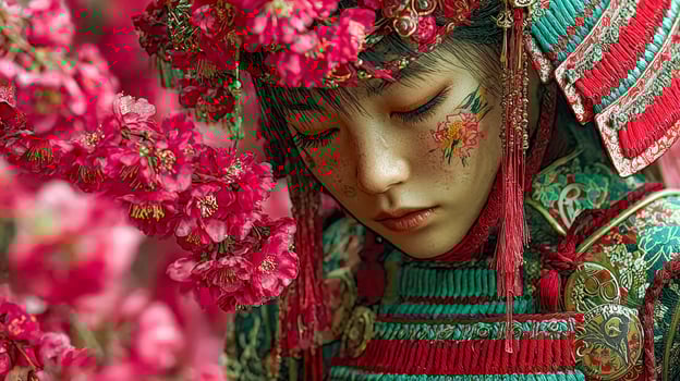 A woman in traditional clothing with flowers on her head photo