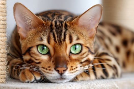 Bengal cat resting and showing its beautiful green eyes photo