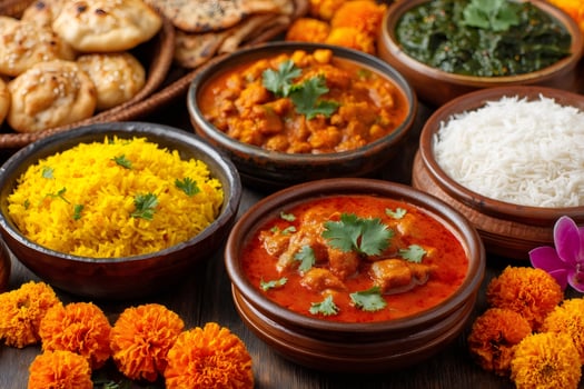 Assortment of indian dishes displaying culinary delights with naan bread photo
