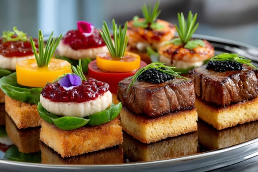 Catering showing variety of delicious gourmet appetizers with meat, fish and vegetables photo