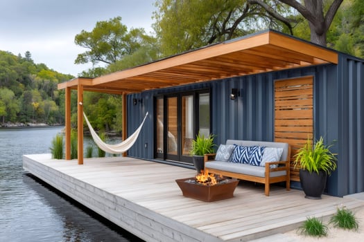 Modern container home floating on lake with fire pit and hammock photo